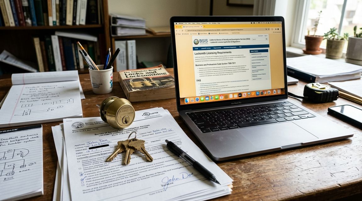 Research desk with lock hardware and BSIS documentation used to build the San Carlos locksmith guide