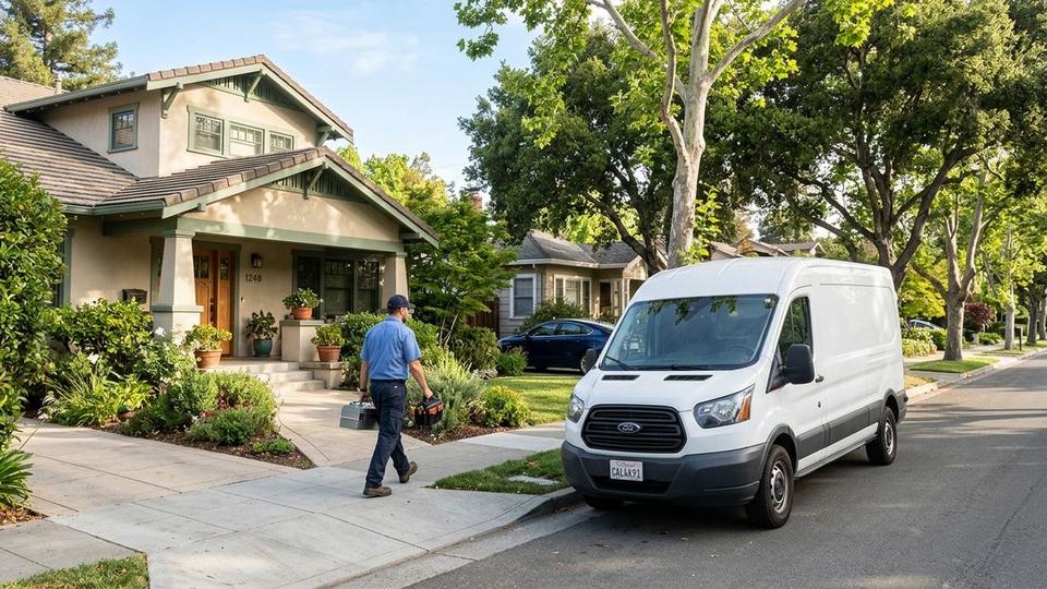 Locksmith arriving in a white service van on a San Carlos neighborhood street