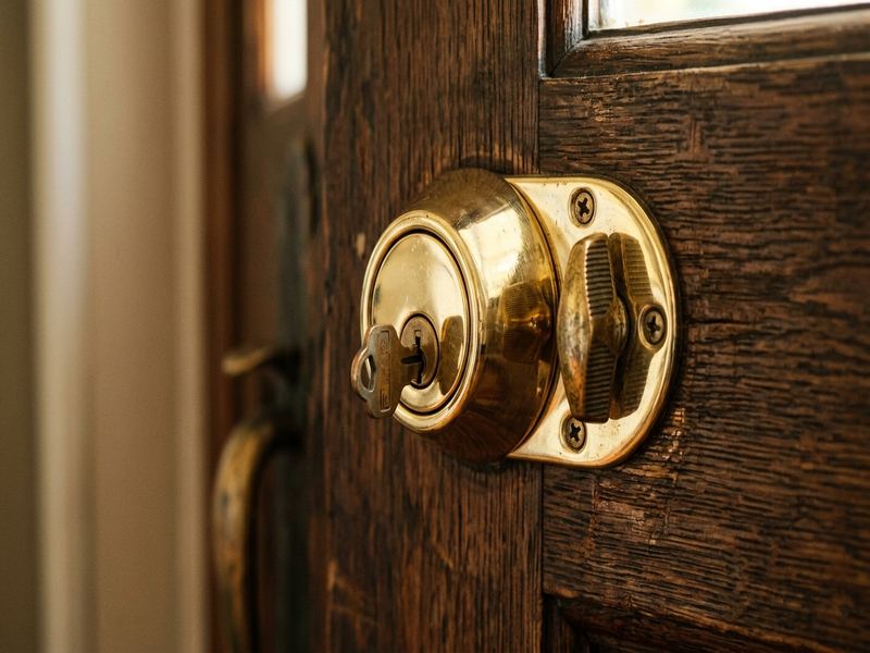 Brass deadbolt lock on a wood door, San Carlos residential hardware